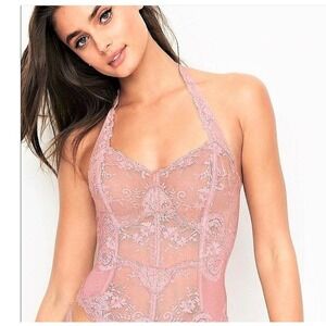 Victoria's Secret Dream Angels Lace Halter Corset Top Pink XS Sheer